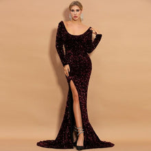 Load image into Gallery viewer, Elegant Long Sleeve Sequins Women Maxi Dress High Split Backless