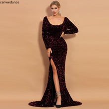 Load image into Gallery viewer, Elegant Long Sleeve Sequins Women Maxi Dress High Split Backless