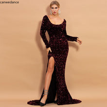 Load image into Gallery viewer, Elegant Long Sleeve Sequins Women Maxi Dress High Split Backless