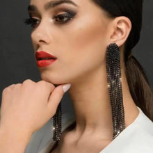 Load image into Gallery viewer, Mysterious Black Rhinestone Long Tassel Wedding Drop Earrings