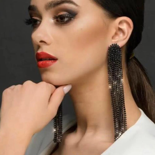 Mysterious Black Rhinestone Long Tassel Wedding Drop Earrings