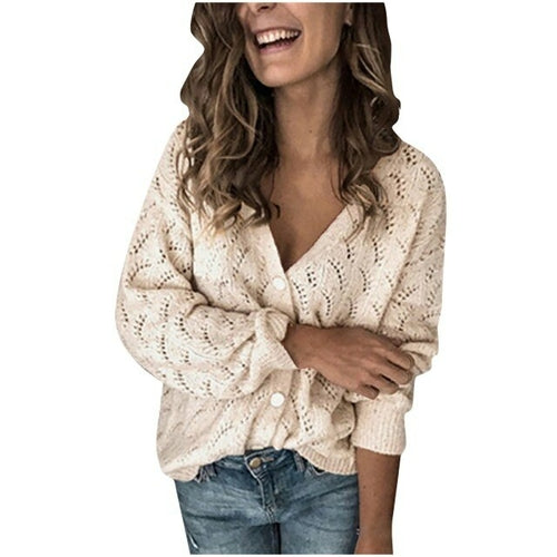 New Cardigan Women Sweater Fashion Crochet Hollow V neck