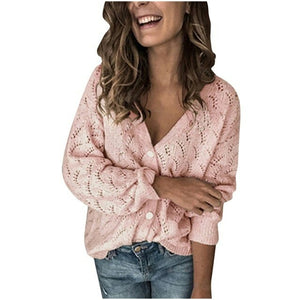 New Cardigan Women Sweater Fashion Crochet Hollow V neck