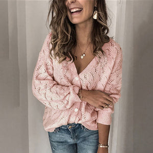 New Cardigan Women Sweater Fashion Crochet Hollow V neck