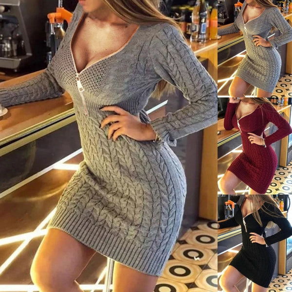 New Casual Solid Sweater V Neckline Bodycon Dress Knit Sweater