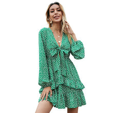 Load image into Gallery viewer, New Dress Summer V Neck High Waist Green Polka Dot Long Sleeve