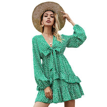 Load image into Gallery viewer, New Dress Summer V Neck High Waist Green Polka Dot Long Sleeve