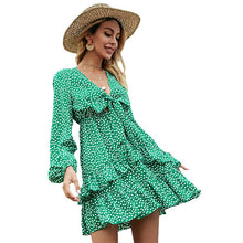 Load image into Gallery viewer, New Dress Summer V Neck High Waist Green Polka Dot Long Sleeve