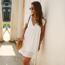 Load image into Gallery viewer, New Sexy V Neck Butterfly Sleeve Hollow Lace Dress Solid Hollow - Sophornlilly