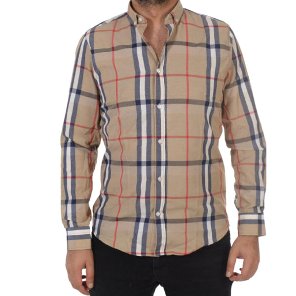 New Summer Men's Long Sleeve Shirt Plaid Beige Black Colors New