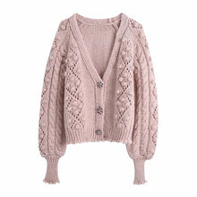 Load image into Gallery viewer, New Women Pink Knit Cardigan Sweater Long Sleeves Gem Buttons - Sophornlilly
