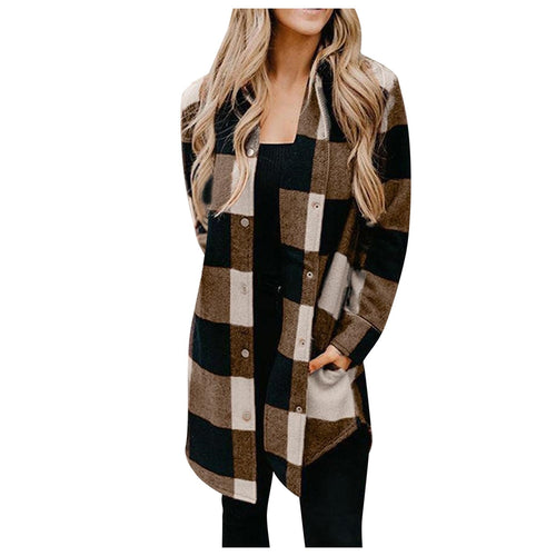 New Women‘s New Jacket Long Sleeve Plaid Print Button Open Front