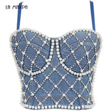 Load image into Gallery viewer, New Women's Summer Sexy Wrapped Chest Beaded Denim Blue Bodycon