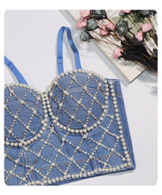 Load image into Gallery viewer, New Women's Summer Sexy Wrapped Chest Beaded Denim Blue Bodycon