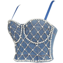 Load image into Gallery viewer, New Women's Summer Sexy Wrapped Chest Beaded Denim Blue Bodycon