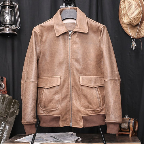 Retro Brown Military Style A2 Pilot Leather Jacket Men