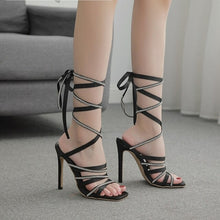 Load image into Gallery viewer, Sandals With Rhinestones Strappy Heels Lace Up Heels Satin Cross - Sophornlilly