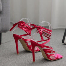 Load image into Gallery viewer, Sandals With Rhinestones Strappy Heels Lace Up Heels Satin Cross - Sophornlilly