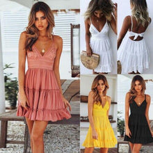 Load image into Gallery viewer, Summer Black Backless Layers Sweet Boho Short Mini Dress V Neck - Sophornlilly