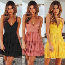 Load image into Gallery viewer, Summer Black Backless Layers Sweet Boho Short Mini Dress V Neck - Sophornlilly