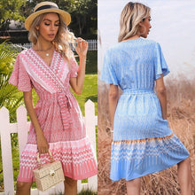 Load image into Gallery viewer, Summer New French Print V neck Short sleeved Lace up Pleated - Sophornlilly