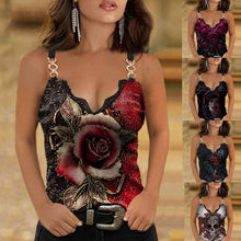 Load image into Gallery viewer, Summer New Lace Decoration V Neck Printed Camisole T Shirt Plus