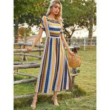Load image into Gallery viewer, Summer New Ladies Elegant Long Skirt Striped Round Neck Short