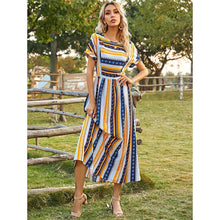 Load image into Gallery viewer, Summer New Ladies Elegant Long Skirt Striped Round Neck Short