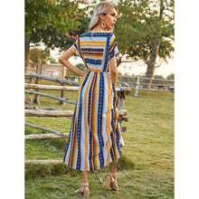 Load image into Gallery viewer, Summer New Ladies Elegant Long Skirt Striped Round Neck Short