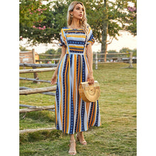 Load image into Gallery viewer, Summer New Ladies Elegant Long Skirt Striped Round Neck Short