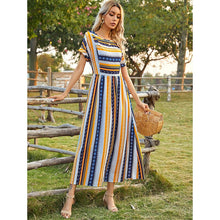 Load image into Gallery viewer, Summer New Ladies Elegant Long Skirt Striped Round Neck Short