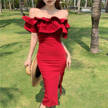 Load image into Gallery viewer, Summer New Women Sexy Off Shoulder Ruched Layered Ruffles Bodycon - Sophornlilly