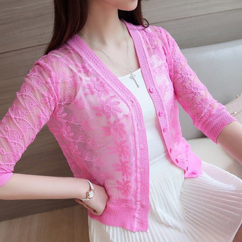 Summer New Women Short Single breasted Lace Knit Cardigan Sun