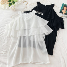 Load image into Gallery viewer, O Neck Flare Sleeve Halter Chiffon Pleated Shirt
