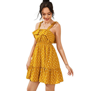 Trend Yellow Polka Dot Slip Dress Elegant Elastic Waist Short