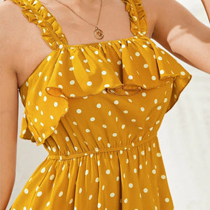 Trend Yellow Polka Dot Slip Dress Elegant Elastic Waist Short