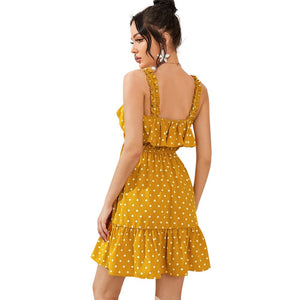 Trend Yellow Polka Dot Slip Dress Elegant Elastic Waist Short