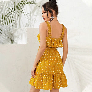 Trend Yellow Polka Dot Slip Dress Elegant Elastic Waist Short