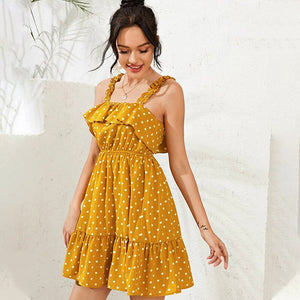 Trend Yellow Polka Dot Slip Dress Elegant Elastic Waist Short