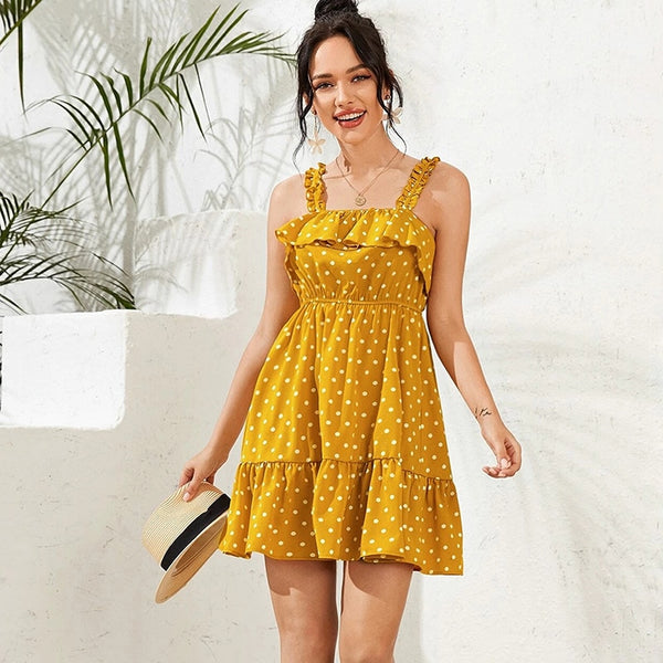 Trend Yellow Polka Dot Slip Dress Elegant Elastic Waist Short