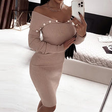Load image into Gallery viewer, Solid Slash Neck Knitted Dress New Women Long Sleeve Slim