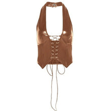 Load image into Gallery viewer, Women Sexy Faux Leather Halter Backless Crop Top Crisscross Lace