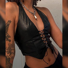 Load image into Gallery viewer, Women Sexy Faux Leather Halter Backless Crop Top Crisscross Lace