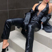 Load image into Gallery viewer, Women Sexy Faux Leather Halter Backless Crop Top Crisscross Lace