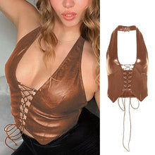 Load image into Gallery viewer, Women Sexy Faux Leather Halter Backless Crop Top Crisscross Lace