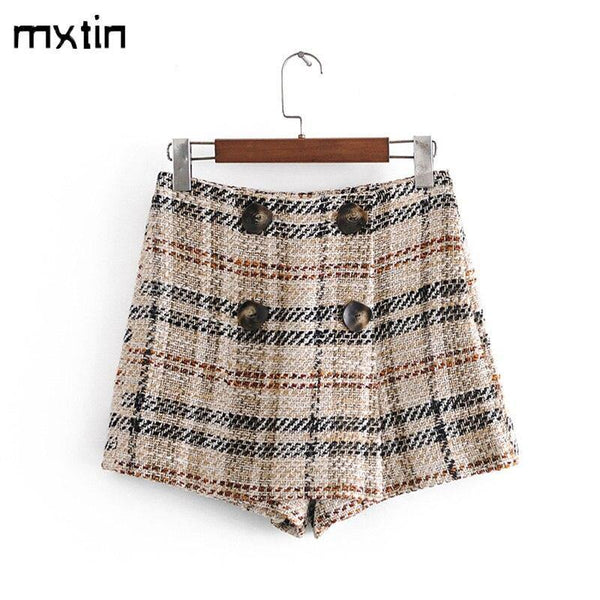 Women Vintage With Double Buttons Plaid Tweed Shorts Skirts - Sophornlilly