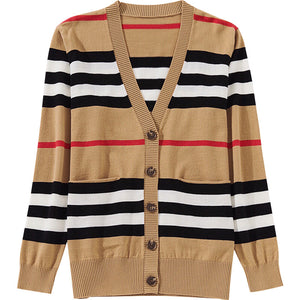 Eu Winter To Spring Fashion Women Classic Stripe V Neck Knitted Button