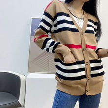 Load image into Gallery viewer, Eu Winter To Spring Fashion Women Classic Stripe V Neck Knitted Button