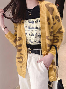 Knitted Leopard Sweater V Neck Thick