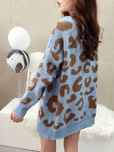 Knitted Leopard Sweater V Neck Thick